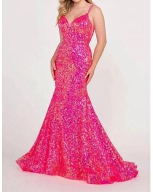 Ellie Wilde V-Neck Sequin Mermaid Prom Gown - Pink