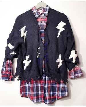 The Nu Vintage Plaid Shirt With Zig Zag Fringe Sweater - Blue