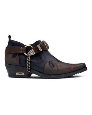 Etor Leather Western Shoes Snake Pattern Metal Chain - Black