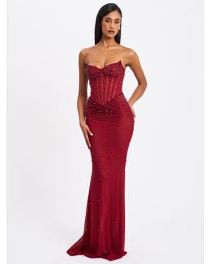 Miss Circle Fatima Burgundy Crystal Sleeveless Corset Mermaid Maxi Dress - Red