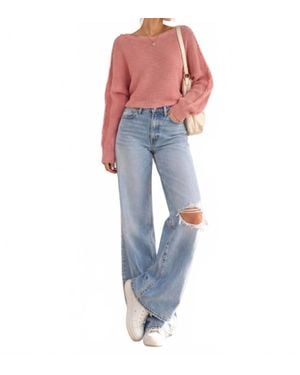 Le Miel Cropped Boat Neck Long Sleeve Knit Sweater - Blue
