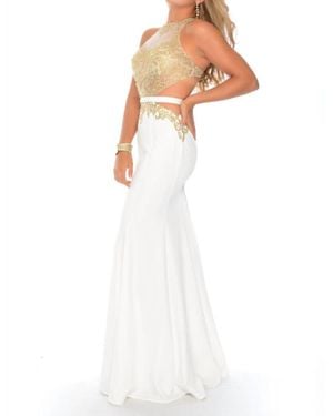 Precious Formals Beaded High Neck Evening Gown - White