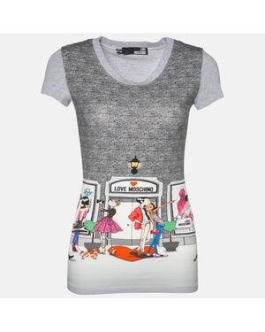 Love Moschino Printed Cotton Knit Round Neck T-Shirt - Gray
