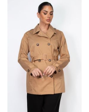 TRUEDAMES Double-Breasted Notch Belted Coat - Natural