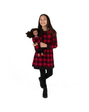 Leveret Christmas Girls And Matching Doll Cotton Dress Plaid - Red