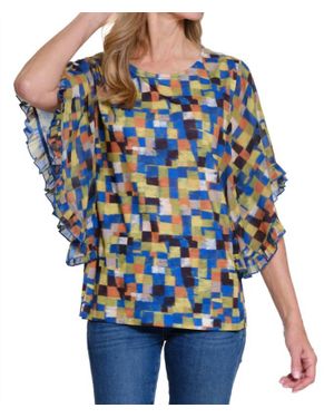 Slimsation By Multiples Flounce Sleeve Print Top - Blue