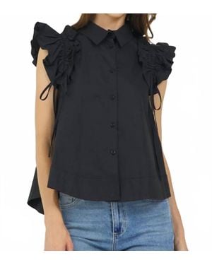 Stellah Ruffle Shoulder Button Shirt - Black