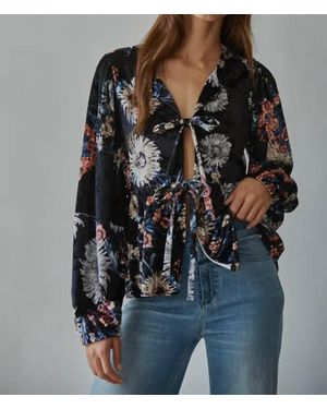 By Together Velvet Floral Print V Neck Open Front Top - Black