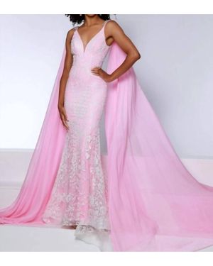 Johnathan Kayne Shoulder Drapes Mesh Gown - Pink