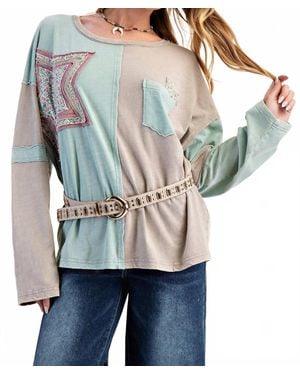 Easel Color Block Cotton Top With Patches - Gray