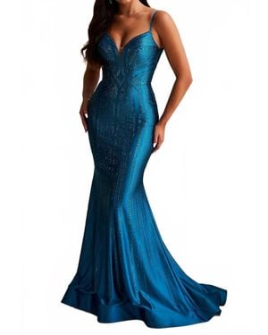 Ellie Wilde Beaded Bodice V-Back Prom Gown - Blue