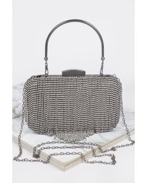 Fashnzfab Rhinestone Fringe Hard Clutch - Gray