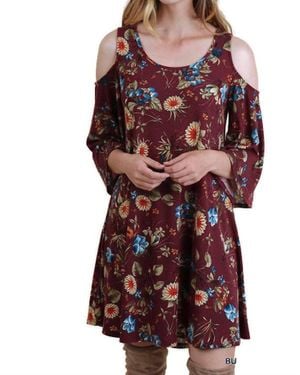 Umgee Floral Cold Shoulder Dress - Red