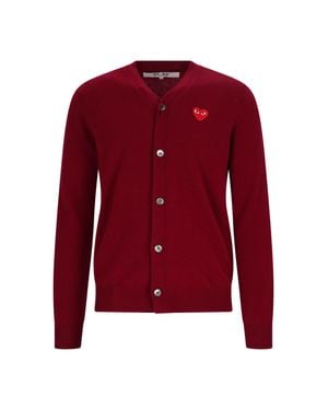 Comme des Garçons Burgundy V-Neck Iconic Heart Wool Cardigan - Red