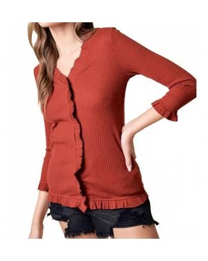 Doe And Rae V-Neck Frill Rib Top - Red