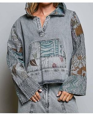 Pol Patchwork Pullover Half Placket Kangaroo Hoodie - Gray