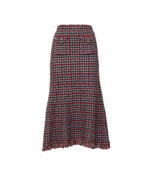 Self-Portrait Check Frayed Knit Midi Skirt - Purple
