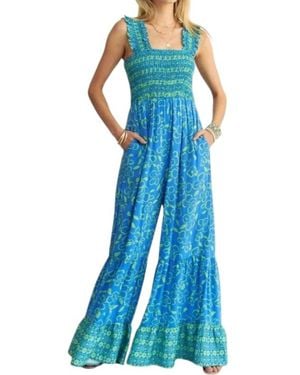 Davi & Dani Plus Retro Floral Straps Ruffle Pants Jumpsuit - Blue