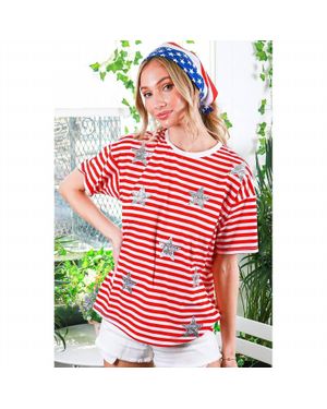 Vine & Love Sequin Star Stripe Top - Red