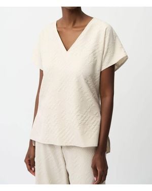 Joseph Ribkoff Geometric Textured Jacquard Top With V-Neckline - Natural