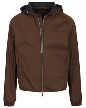 Moorer Matte Finish Casual Jacket With Hood - Brown