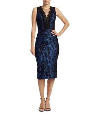 THEIA Lace Trim Brocade Sheath Cocktail Dress - Blue