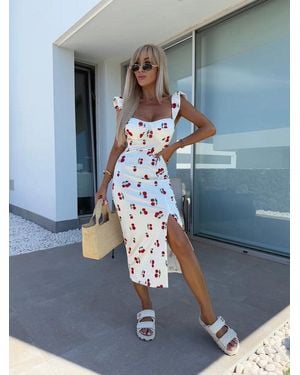 TRUEDAMES Summer Elegant Design French Floral Spaghetti Strap Slit Midi Dress - Blue