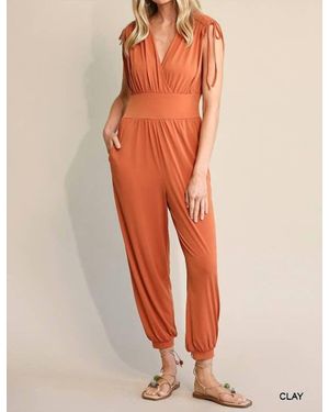 BNS Ruched Drawstring Detail Jogger Jumpsuit With Pockets - Orange