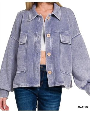 Zenana Acid Wash Fleece Cropped Shacket With Front Pockets - Blue