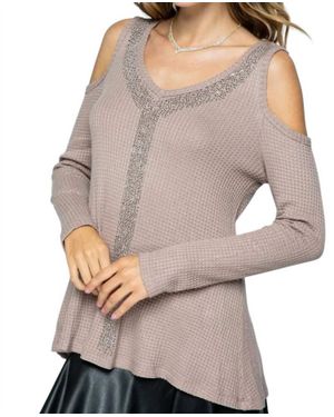 Vocal Apparel Long Sleeve Cold Shoulder Stud Detail Top - Gray