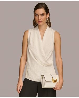 Donna Karan Wrap Top Cream Surplice Neck Sleeveless Party Fts1172 - Natural