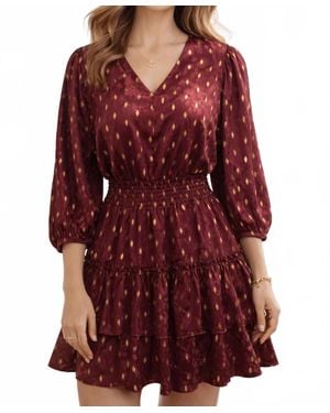 J joy Puff Sleeves V-Neck Print Dress - Red