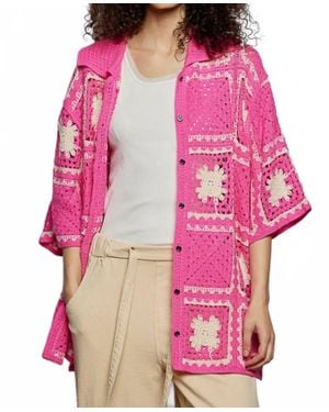 Pol Short Sleeve Granny Square Crochet Shirt Top - Pink
