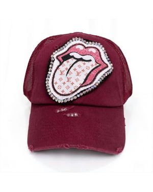 Sweet Texas Treasures Distressed Rhinestone Lips Trucker Cap - Red