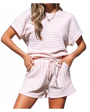 Lovesoft Stripe Knitted Short Sleeve Top And Drawstring Shorts Set - White