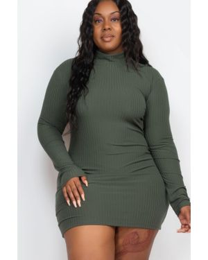 TRUEDAMES Plus Size Ribbed Long Sleeve Mock Neck Mini Bodycon Dress - Green