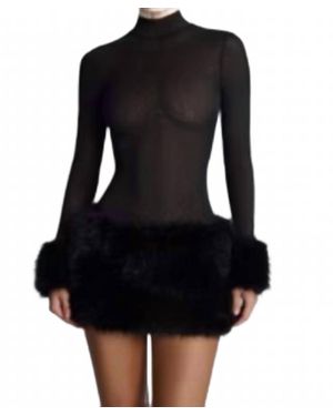 Oh Polly Belladonna Faux Fur-Trim Turtleneck Mini Dress - Black