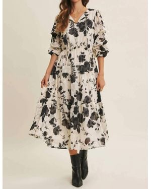 In February Dreamy Jacquard Floral Midi Dress With Statement Sleave - Natural