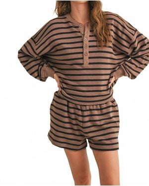 Miou Muse Striped Terry Half Button Sweatshirt - Brown
