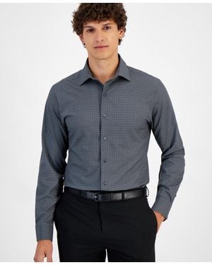 Alfani Medallion Dress Shirt Charcoal 4-Way Stretch Slim-Fit Ups462 - Blue