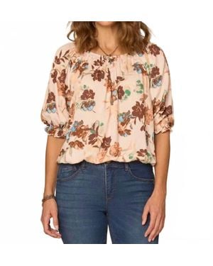 Democracy Elbow Blouson Sleeve Printed Top With Smocking - Blue