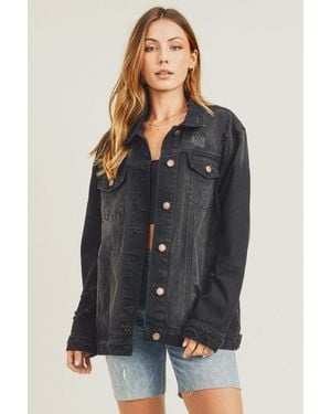 TRUEDAMES Full Size Distressed Long Sleeve Denim Jacket - Black