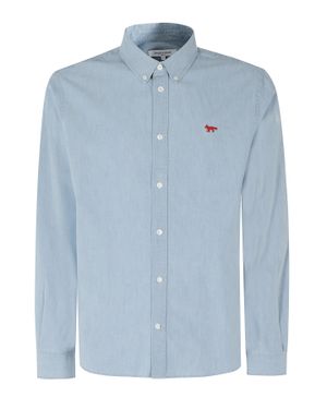 Maison Kitsuné Light Denim Profile Embroidered Logo Button-Down Cotton Shirt - Blue