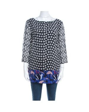 ESCADA Rose Motif Print Silk Contrast Panel Narayanin Tunic Blouse - Blue