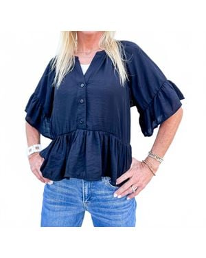 Eesome Coastal Muse Ruffle Short Sleeve Button Down Top - Blue