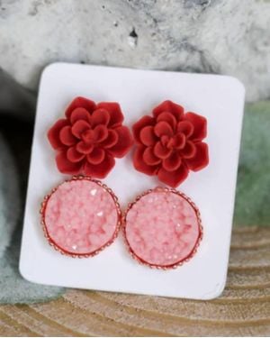 Urban Gemms Succulent & Druzy Stud Earring Set - Red