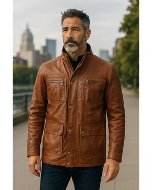 Infinity Leather Leather Military Jacket Outwear Coat - Brown