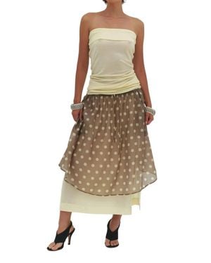 Find Me Now Ruched Polka Dot Midi Skirt - Natural