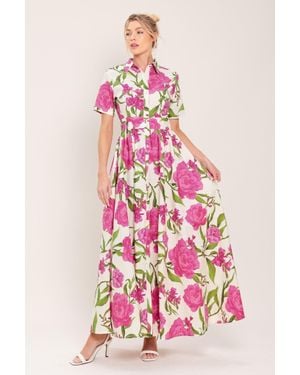 TRUEDAMES Blooming Rose Woven Maxi Shirt Dress - Pink