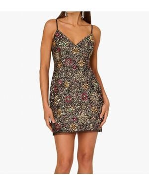 Adrianna Papell Spaghetti Straps Beaded Short Cocktail Dress - Black